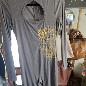 Fashion Nova Gray Bodysuit with Gold Dragon